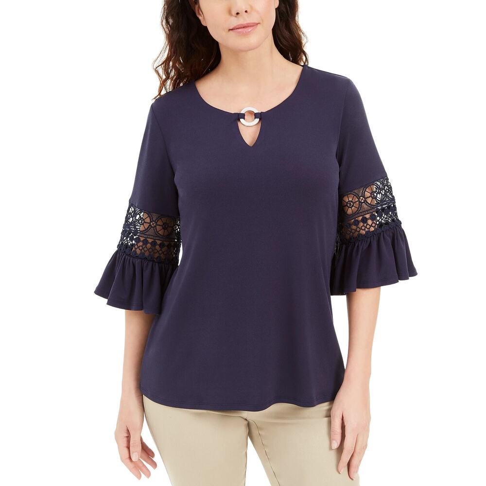 JM Collection Women's Petite Crochet-Inset Top Intrepid Blue Size PP